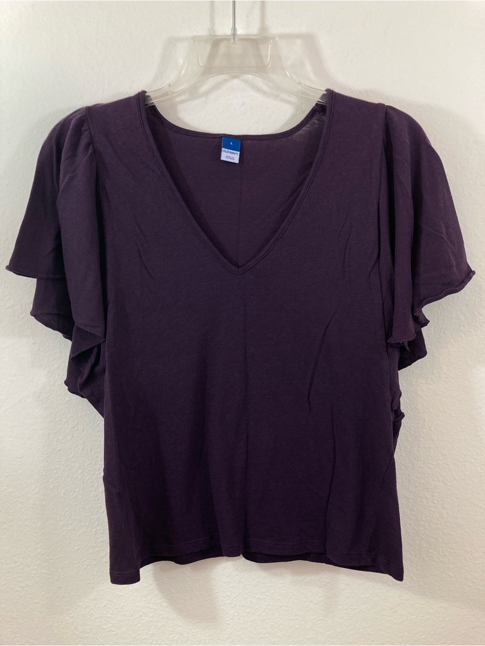 Old Navy Dark Purple V-Neck Flutter Sleeve Top Size L